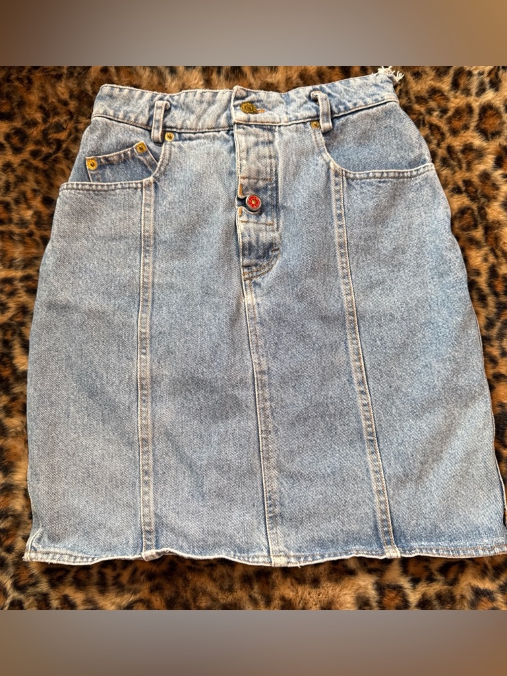 601 Red Button Light Blue Denim Panel Midi Skirt